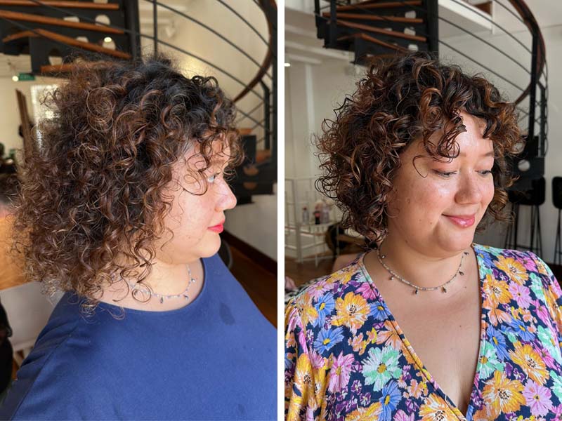 Curly hair cut and colour, before and after