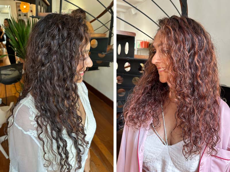 Curly hair cut and colour, before and after