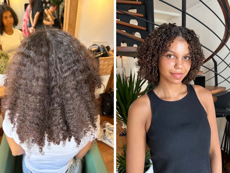 Curly hair cut and colour, before and after