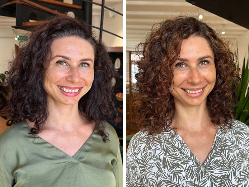 Curly hair cut and colour, before and after